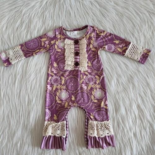 2020 New Lovely Romper Jumpsuit Newborn Infant Baby Girls Lace Design Purple Flower Printed Boutique Summer Clothes Oufits