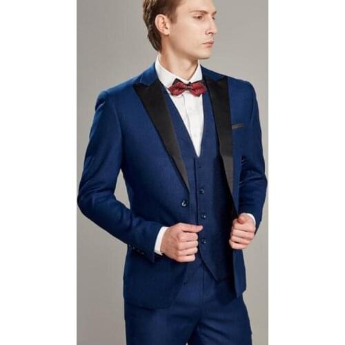 New Arrival Groomsmen Peak Black Lapel Groom Tuxedos Navy Blue Men Suits Wedding Best Man ( Jacket+Pants+Bow Tie+Vest ) C651