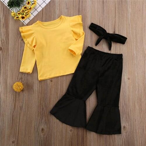 Newborn Baby Girls free shipping clothes pullover Ruffle round neck long sleeve Tops solid Flare Pants bow Headband 3pc Outfits