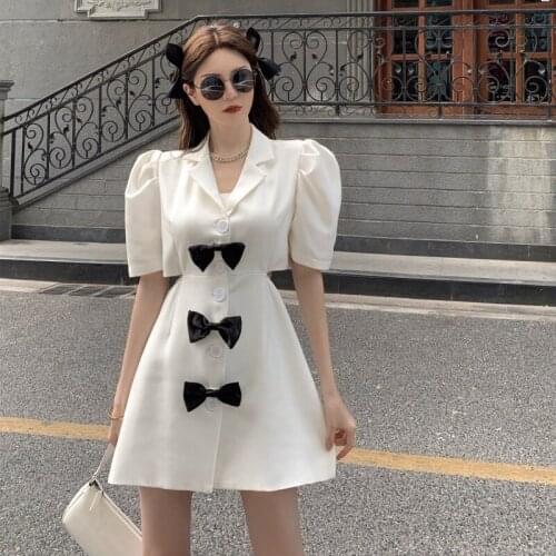 Suit dress female bowknot puff sleeve white short-sleeved dress2021 summer new French retro short Fashion halter dress