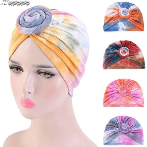 Popular Tie-Dyed Spiral Knot Turban Caps Women Hair Care Beanies Chemo Hat Elastic Turban India Headwrap African Female Headwear