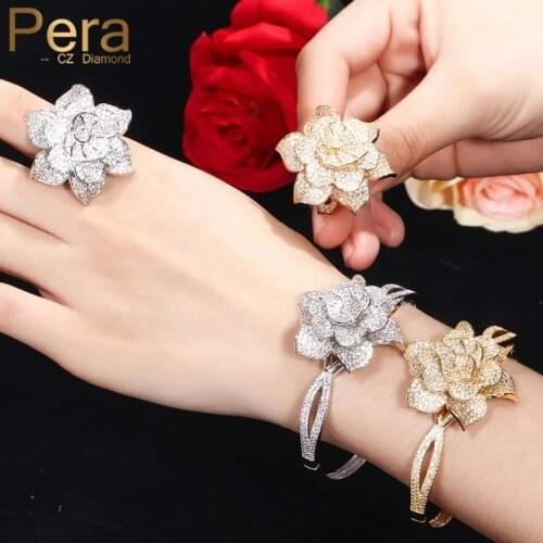 Pera Luxurious Bridal Wedding Dubai Yellow Gold African AAA+ Cubic Zirconia Big Flower Shape Bangle Sets for Women Jewelry Z040