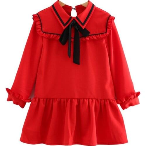 Girl Christmas Dress England Style Turn-down Collar Lantern Sleeve Bow Elegant Mermaid Girls Party Dresses 2-6Y red