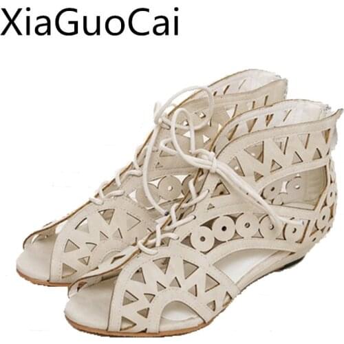 Woman Sandals Summer Hollow Out Back Zipper Gladiator Sandals for Ladies Female Low Heel Wedge Shoes Plus Size Footwear