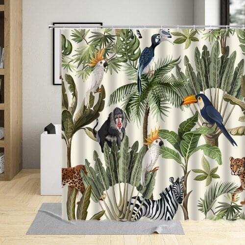 Summer Day Tropical Plant Animal Green Leaves Shower Curtain Coconut Tree Bird Peacocks Decorative Cloth Bathroom Dedicated Suit