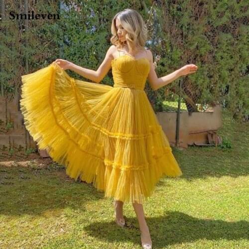 Smileven Yellow A Line Tulle Short Prom Dresses 2021 Sweetheart Neck New Design Tea Length Formal Party Gown