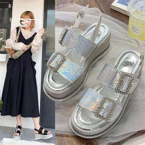 Sandals 2021 New Womens Summer Versatile Thick Bottom Button Fashion High Heel Roman Wedges Buckle Shoes Silver Black Eu 35-40
