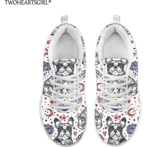 Twoheartsgirl French Bulldog Women Casual Shoes Spring/Autumn Outdoor Mesh Platform Sneakers Breathable Lace-Up Flat Footwear