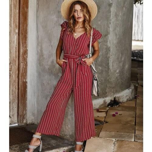 Women short sleeve ruffled striped print loose womens jumpsuit 2021 Summer Ruffle Sleeve V-Neck High Waist Overalls Female