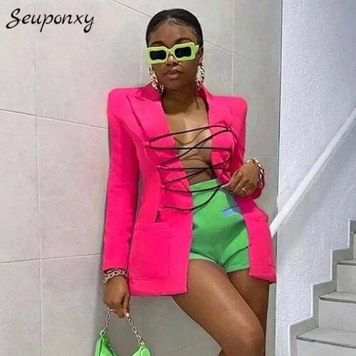 High Quality 2021 Summer New Elegant Women Fashion Slim Blazer Sexy Lapel Long Sleeve Lace-Up Pure Color Casual Party Blazer