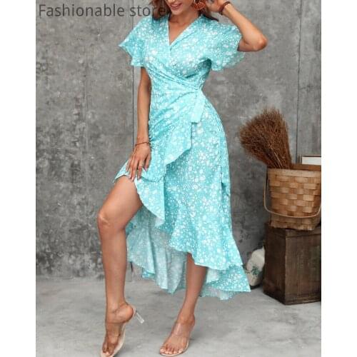 Women V Neck Floral Print Ruffle Design Irregular Maxi Dress