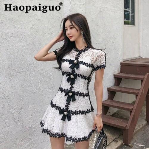 White Black Contrast Dress for Women Short Sleeve Singer Button Hollow Out Lace Dress Women A-line Wrap Mini Dresses Ladies Rope