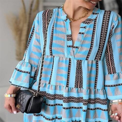 Blue Geometric Print Striped Dress Women Elegant Long Flare Sleeve A-line Loose Ruffled V Neck Mini Dresses 2021 Autumn Vestidos
