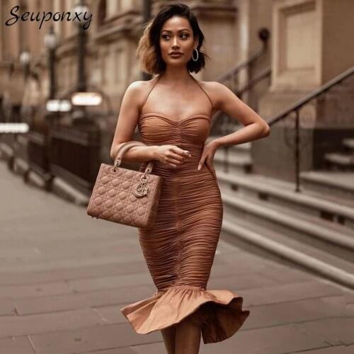 High Quality 2021 Summer Womens Brown Sexy Sleeveless Backless Pleated Ruffle Dress Bodycon Celebrity Club Party Dress Vestidos