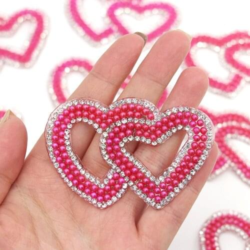 1Pcs Red Pink Heart Patch Pearl Rhinestone Applique Patches Iron on Clothes Stickers Diamond Pearl Beads Thermo Badge 7*4.8CM