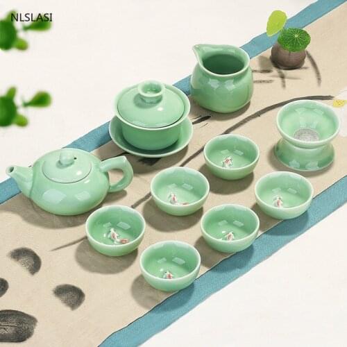 10 pcs/set Exquisite Ceramic Tea set Handmade Teapot Teacups gaiwan Celadon Porcelain Teaware kettles Drinkware Supplies