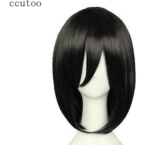 Ccutoo 14" Black Short Bobo Synthetic Hair Attack on Titan Mikasa Ackerman Cosplay Full Wigs For Womens Party Halloween