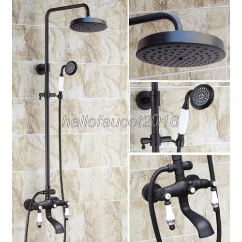 Black Oil Rubbed Bronze Bathroom Rain Shower Faucet Set Wall Mounted Bath Tub Mixer with Handheld Shower Heads lhg128