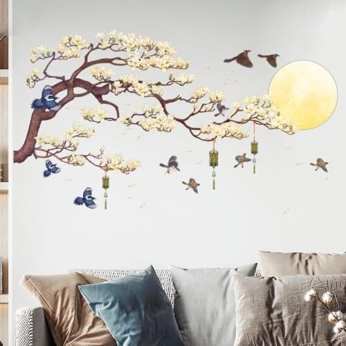 Magnolia Flowers Tree Wall Stickers Home Living Room Sofa Backdrop Decor DIY 3D Art Large Mural Self-adhesive Wallpaper
