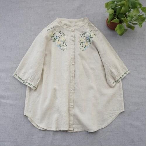 Summer short sleeve shirt stand collar embroidered single row open button loose top Mori girl sweet cotton hemp shirt
