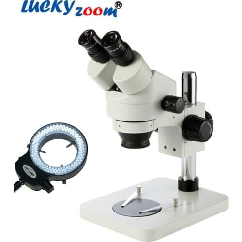 Luckyzoom Brand 7X-45X Table Pillar Stand Zoom Magnification Binocular Stereo Microscope Inspect PCB Microscopio 144 Led Ring