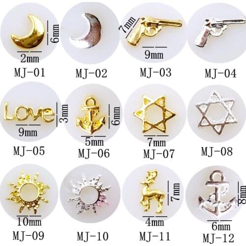50pcs/pack metal nail art moon gun letter"love" anchor star sun elk for 3d jewelry nails sticker decoration art tools