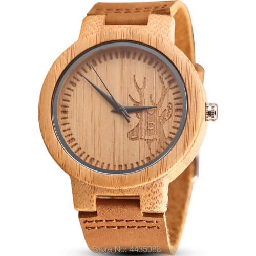Engraved Deer Wooden Watches Men Leather Strap Natural Wood Watches Men Handmade Lightweight Quartz Watches Elephant Xmas Gift