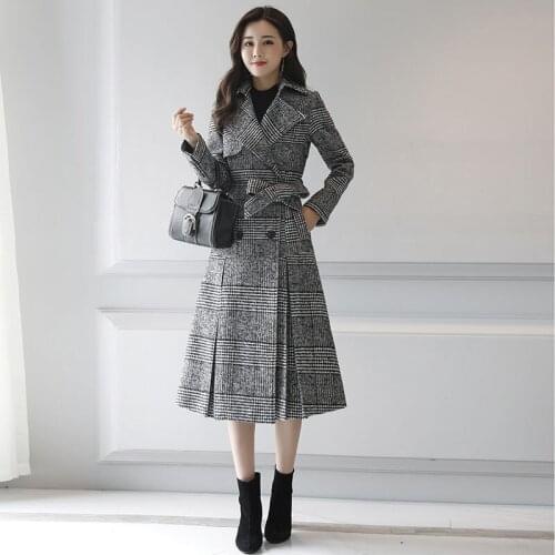 Large size New womens wool blend coat winter 2019 autumn fashion elegant lattice slim long woolen wool coat female high quality