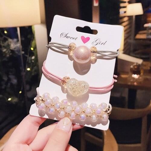 Pearl Cube Ball Basic Elastic Hair Bands For Girl Pink Heart-shaped Acrylic Scrunchie Ring Rubber Bands Hair Accessories Set