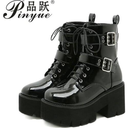 Sexy Metal Buckle Bright Leather Black Patent Boots Women Waterproof Platform Shoes Gothic Autumn Cross Tied High Heels