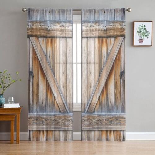 Country Barn Door Wood Print Sheer Window Panel Curtains Room for Living Room Bedroom Kitchen Room Chiffon Tulle Curtains