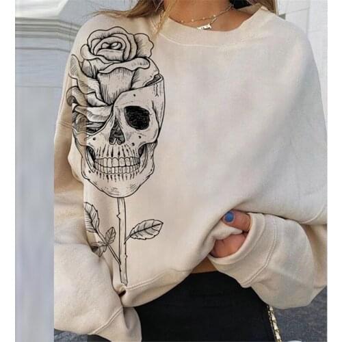 Women Skull Flower Print O Neck Sweatshirt Tops Vintage Loose Long Sleeve Thin Pullover Casual Abstract Print Sweatshirt Apricot