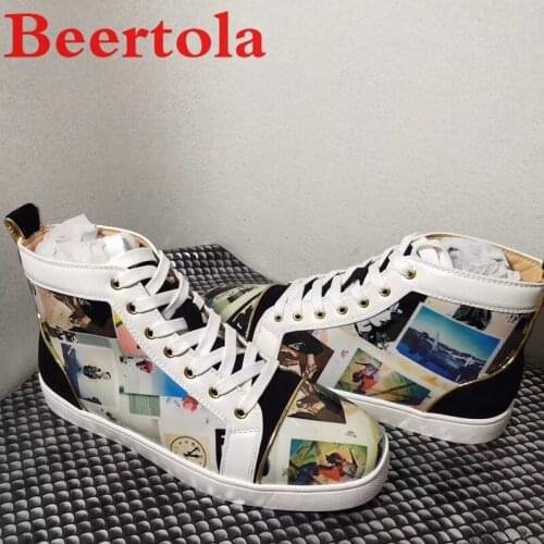Patent Leather Flats Shoes Men Photos Print Patchwork Casual Men Shoes High Top Tenis Masculino Designers Round Toe Party Shoes