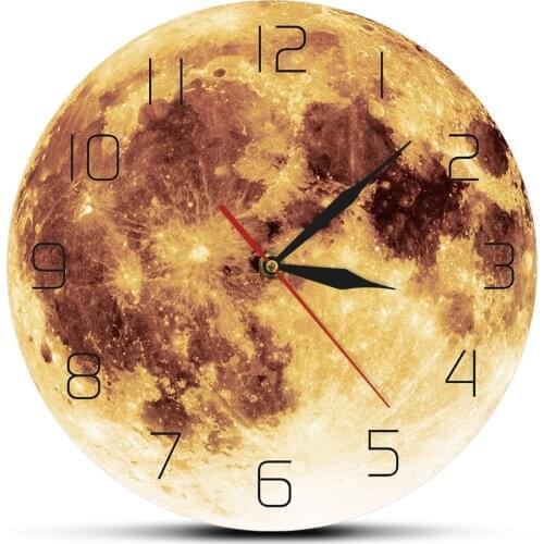 Yellow Full Moon Wall Clock Celestial Home Decor Nursery Kids Room Space Wall Art Harvest Moon Silent Hanging Clock Wall Watch