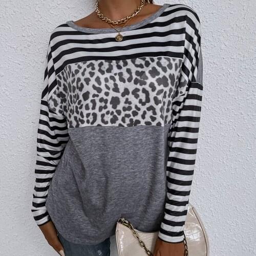 CARDE HOMES Autumn 2021 New Long Sleeves O-Neck Solid Pullover Womens T-shirt Print Fashion Casual Grey Loose Stripe Tops
