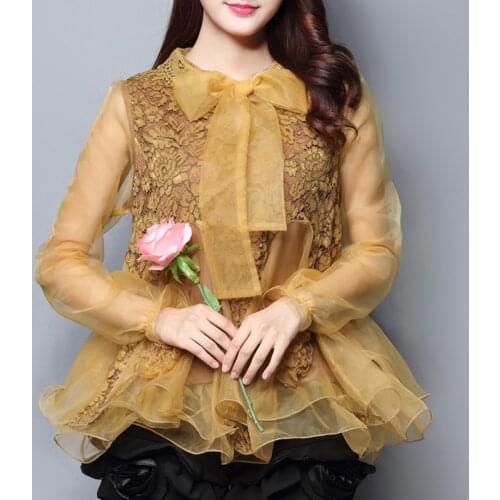 Spring Autumn 2019 New Fashion Women Lace Patchwork Long Sleeve Ruffles Organza Blouse , Ladies Womens Bow Loose 6xl Blouses