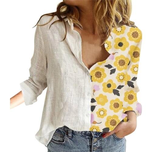 Women Lapel Button Shirt Long Sleeve Loose Casual Top Half Pure Color Half Pattern Splicing Print Girl Fashion All-match T-Shirt