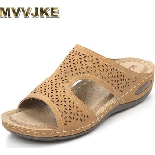 MVVJKE 4 CM Wedge Women Sandals Roman Style Sandals Women Summer New 2021 Solid Color Slides Vintage Hollow Breathable Peep Toe
