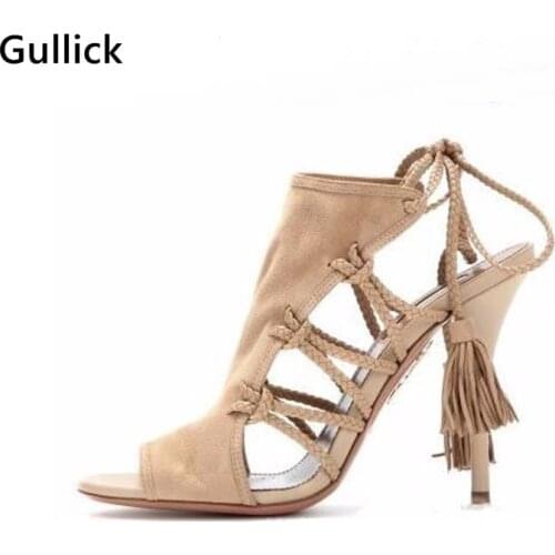 High Quality Fringe Women High Heels Sandals Genuine Suede Lace-up Tassel Shoes Rope Cut Out Gladiator Shoes For Women