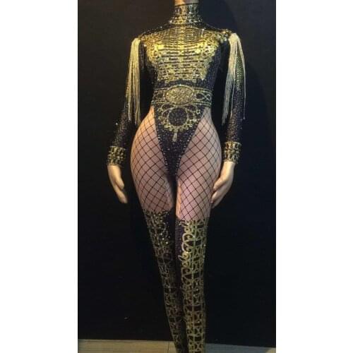Gold Fringes Epaulet Rhinestones Jumpsuit Women Jazz Dance Nude Stretch Bodysuit Outfit Evening Show One-piece Sexy Costume Wear