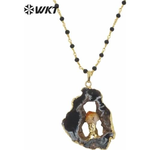 WT-N974 Wholesale Custom Natural Geode A g a t e With Charm Pendant Necklace Black Rosary Chain Trendy Necklace For Women