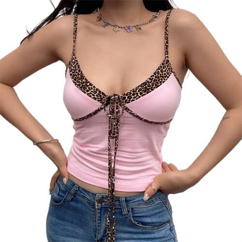 Women’s Summer Sexy Slim Camisole Fashion Leopard Stitching V-neck Lace up Exposed Navel Top
