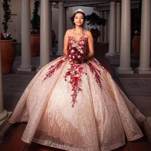 Vestidos de quinceañera Sweetheart Champagne Quinceanera Dress Sequined Lace Princess Girl Sweet 16 Ball Gown Prom Dress