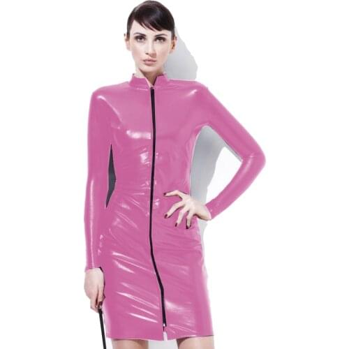 6XL Plus Size Womens Dresses Long Sleeve Bodycon Zippers Vintage High Neck Mini Dress Faux Leathe Party Club Wear 16 Colors