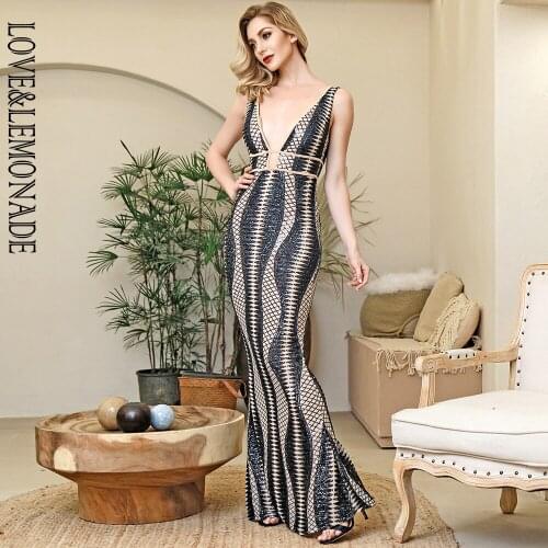 LOVE&LEMONADE Sexy Deep V-Neck Open Back Geometric Elastic Sequins Sleeveless Bodycon Maxi Dress LM82563