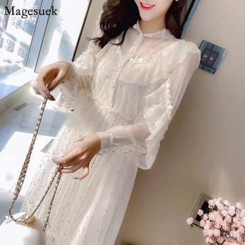 Spring Summer Mesh Lace Sequin Dress Women Elegant Fashion Long Sleeve Party Woman Dresses Casual Midi Dress 2021 Vestidos 13385
