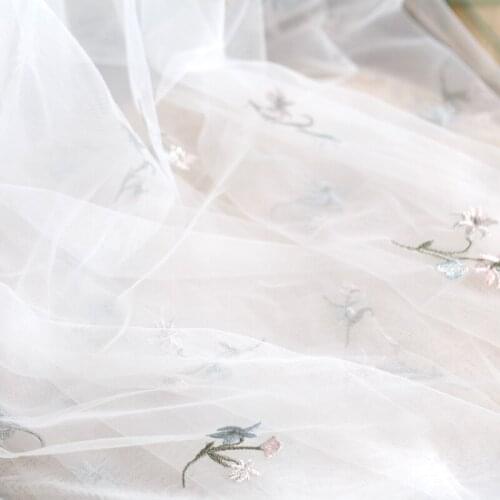 2meters Soft mesh tulle fabric orchid flower embroidery lace fabric net yarn handmade diy wedding dress skirt clothing material