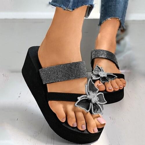2021 Women Flip Flops Bohemia Rhinestone Butterfly Slippers Female Summer Wedges Slides Ladies Casual Platform Shoes Big Size 42