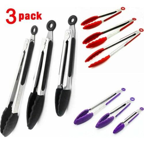 3PCS BBQ Grilling Tong Stainless Steel Kitchen Tongs with Silicone Tips Salad Bread Serving Tong Non-Stick Kitchen Accessories
