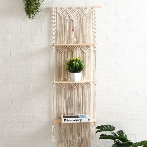 3 Tiers Macrame Wall Hanging Shelf Boho Handcraft Wooden Floating Plants Shelves Living Room Decor Home Storage Organizer